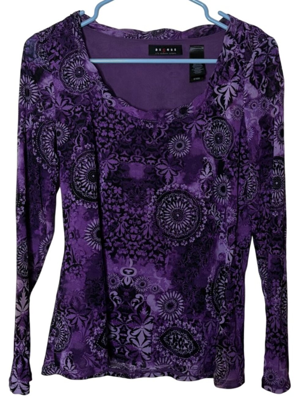 Axcess Liz Claiborne Women M Y2K Purple Floral Nylon Mesh Long Sleeve Top Blouse